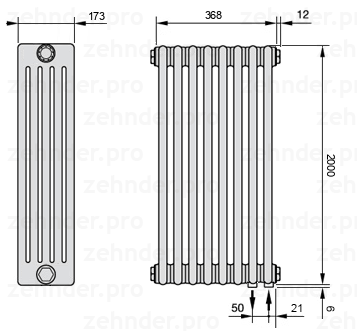 Схема (чертеж) Радиатор Zehnder Charleston 5200/8 №5510 Белый глянцевый RAL 9016